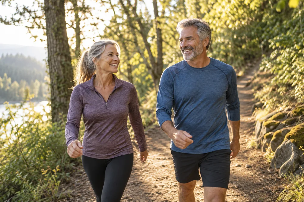 Couple in their fifties walking on a sunny morning trail