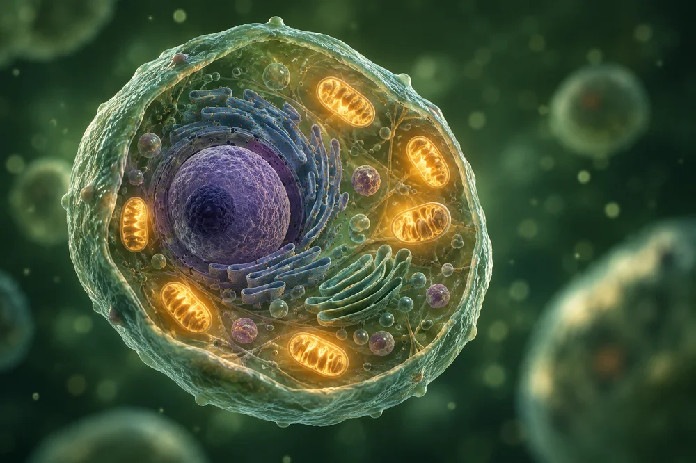 3D illustration of a cell with glowing energy centers