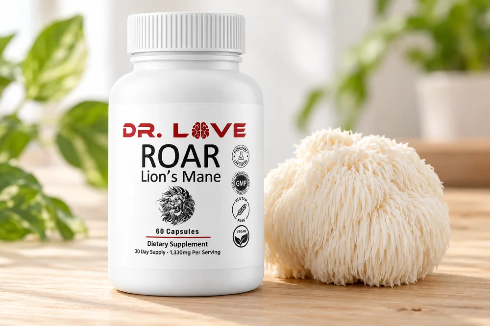 ROAR Lion's Mane bottle next to a lion's mane mushroom